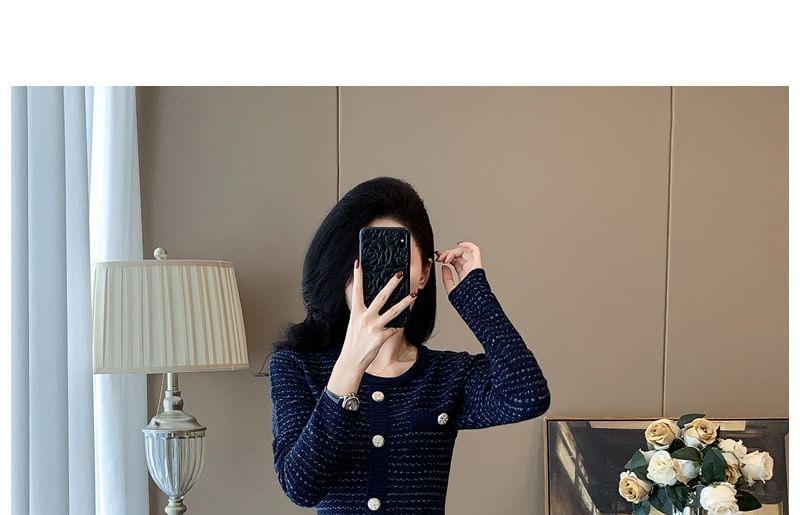 Long-Sleeve Round Neck Striped Knit A-Line Dress Product Image