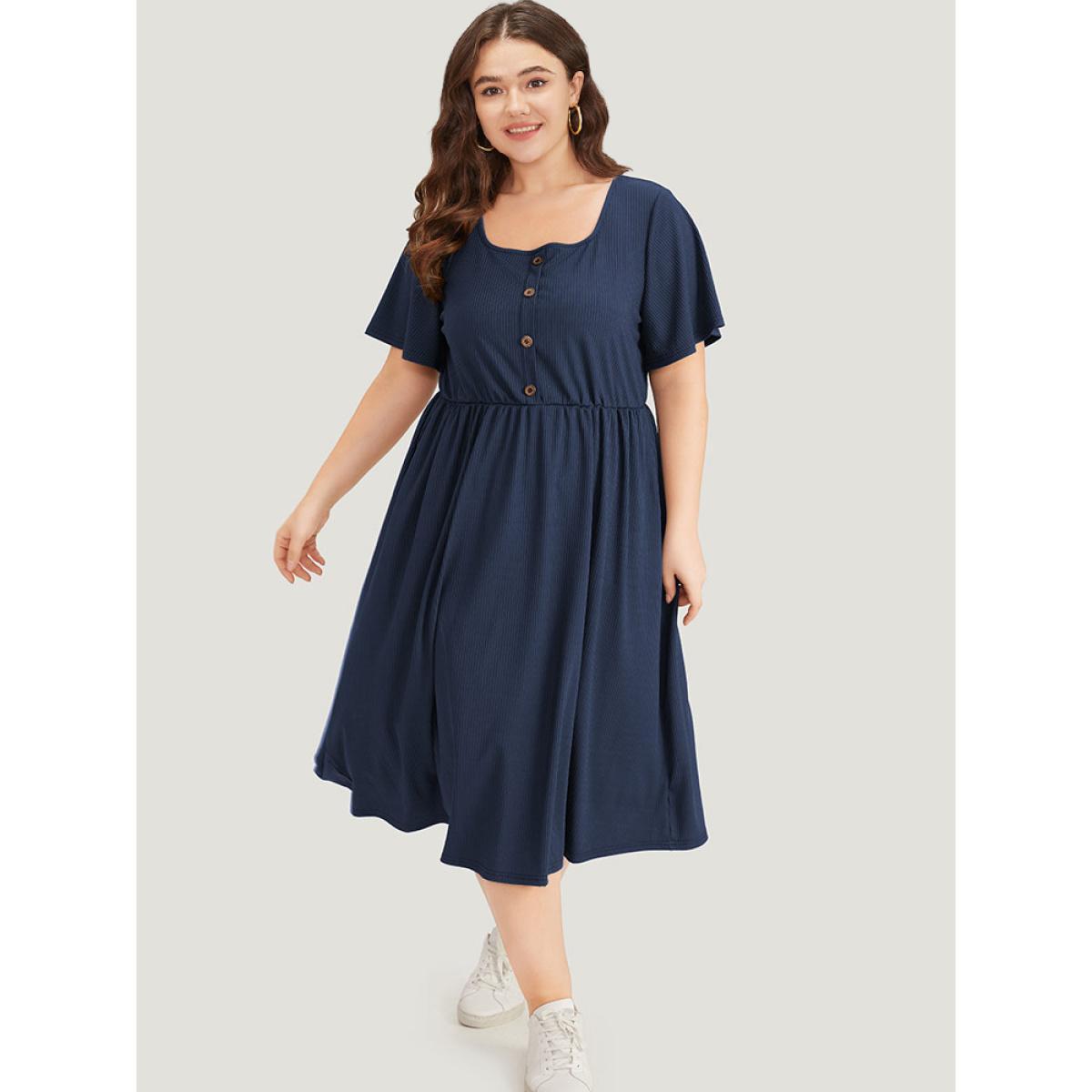 Plus Size Supersoft Essentials Plain Button Detail Ruffle Sleeve Gathered Square Neck Dress Indigo Women Casual Texture Square Neck Short sleeve Curvy Midi Dress BloomChic 12/L Product Image