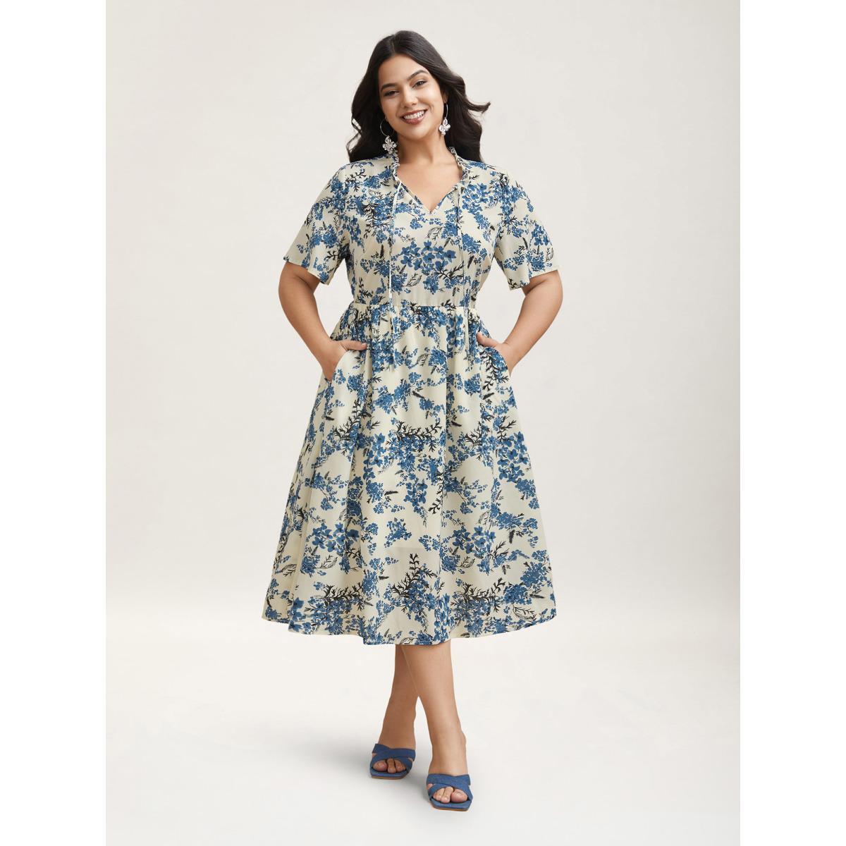 Plus Size In Full Bloom Notched Collar Pockets Midi Dress Skyblue Women Elegant Tie knot Notched collar Short sleeve Curvy BloomChic 18-20/2X Product Image