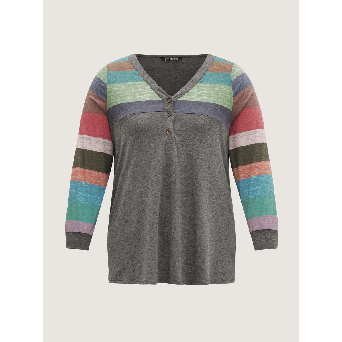 Plus Size Colorblock Contrast V Neck Button Up T-shirt Multicolor Women Casual Elastic cuffs Striped V-neck Everyday T-shirts BloomChic 14-16/1X Product Image