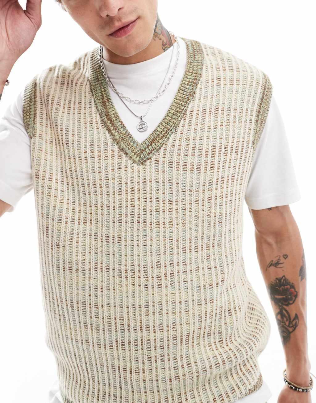 ASOS DESIGN relaxed knit v neck tank in brown twisted rib Product Image