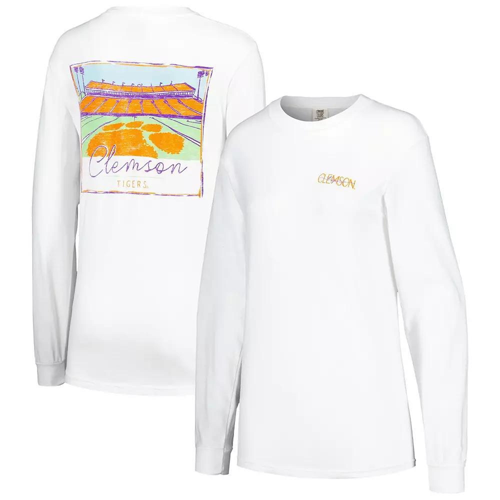 Women's White Clemson Tigers Hand-Drawn Stadium Comfort Colors Oversized Long Sleeve T-Shirt, Size: Small Product Image