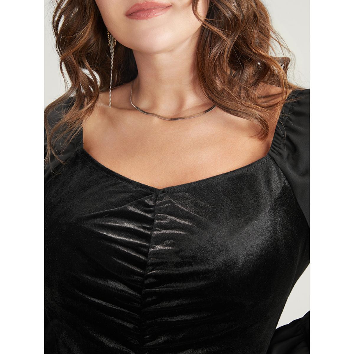 Plus Size Solid Lantern Sleeve Ruched Velvet Knee Dress Black Women Party Gathered V-neck Long Sleeve Curvy Knee Dress BloomChic 30/6X Product Image