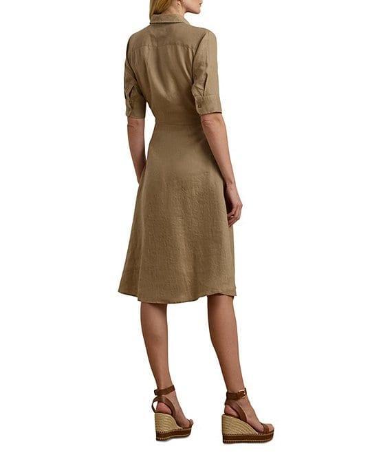 Lauren Ralph Lauren Linen Point Collar Elbow Sleeve Tie Waist Shirt Dress Product Image