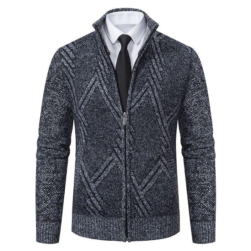 Stand Collar Patterned Zip Up Cardigan Product Image