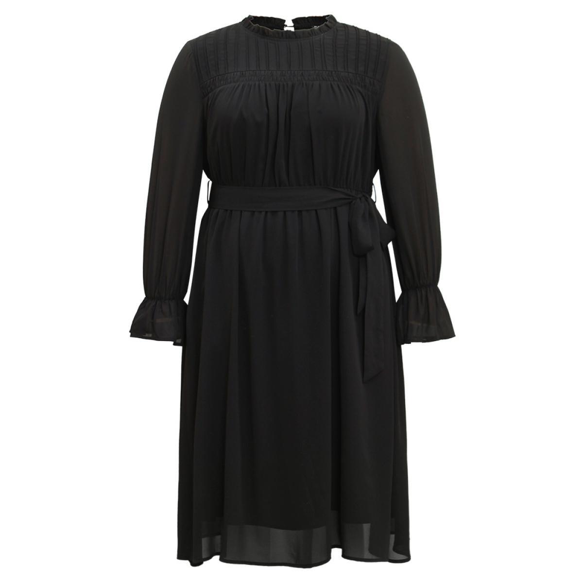 Plus Size Plain Pleated Stand Collar Shirred Ruffles Dress Black Women Office Plain Stand-up collar Long Sleeve Curvy Midi Dress BloomChic 26/4X Product Image