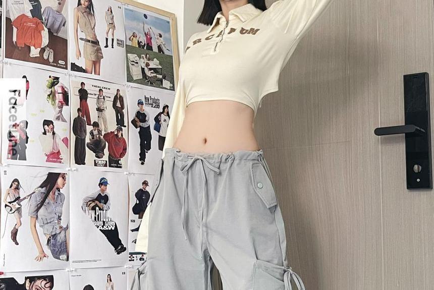Drawstring Mid Rise Plain Baggy Cargo Pants Product Image