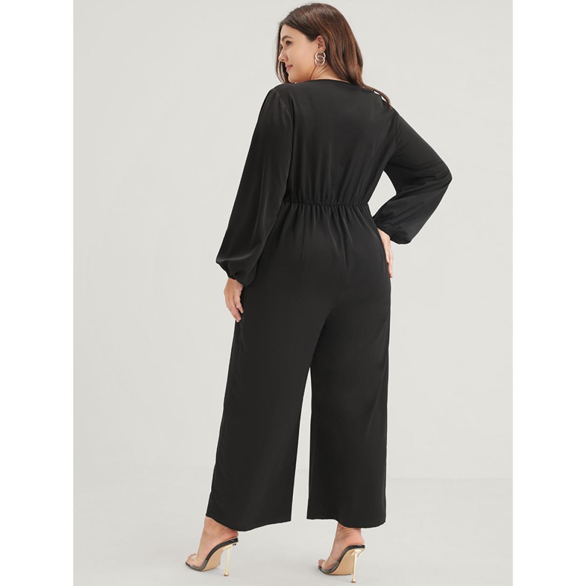 Plus Size Black Solid Button Front Lantern Sleeve Pocket Wide Leg Jumpsuit Women Office Long Sleeve V-neck Work Loose Jumpsuits BloomChic 26/4X Product Image