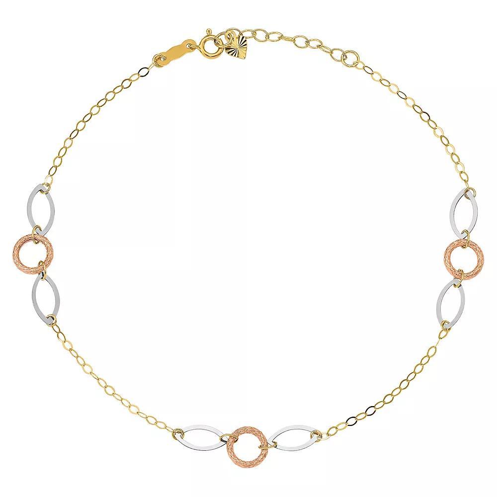 14k Gold Tri-Color Circle & Oval Anklet, Women's, Size: 10", 14k  Tone Product Image