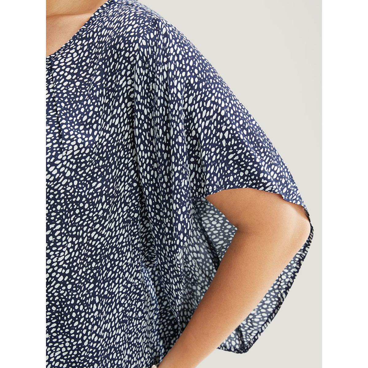 Plus Size Indigo Polka Dot Ruffle Sleeve Keyhole Neck Blouse Women Elegant Short sleeve Round Neck Dailywear Blouses BloomChic 10/M Product Image