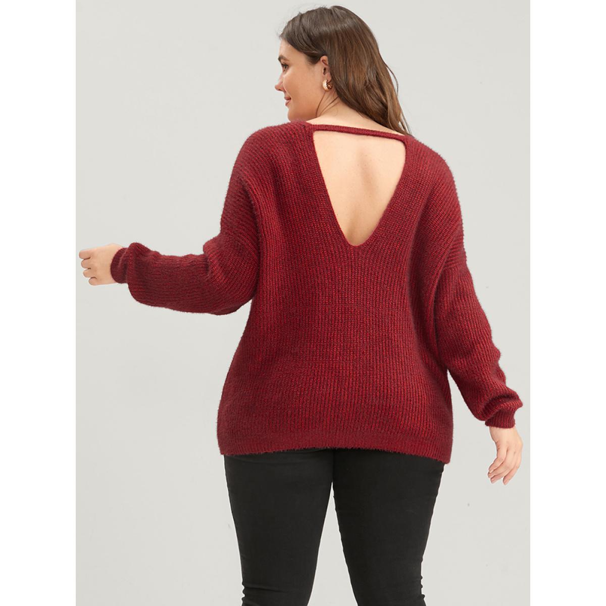 Plus Size Solid Soft Pointelle Knit Cut Out Fluffy Knit Top Burgundy Women Casual Loose Long Sleeve V-neck Dailywear Pullovers BloomChic 26/4X Product Image
