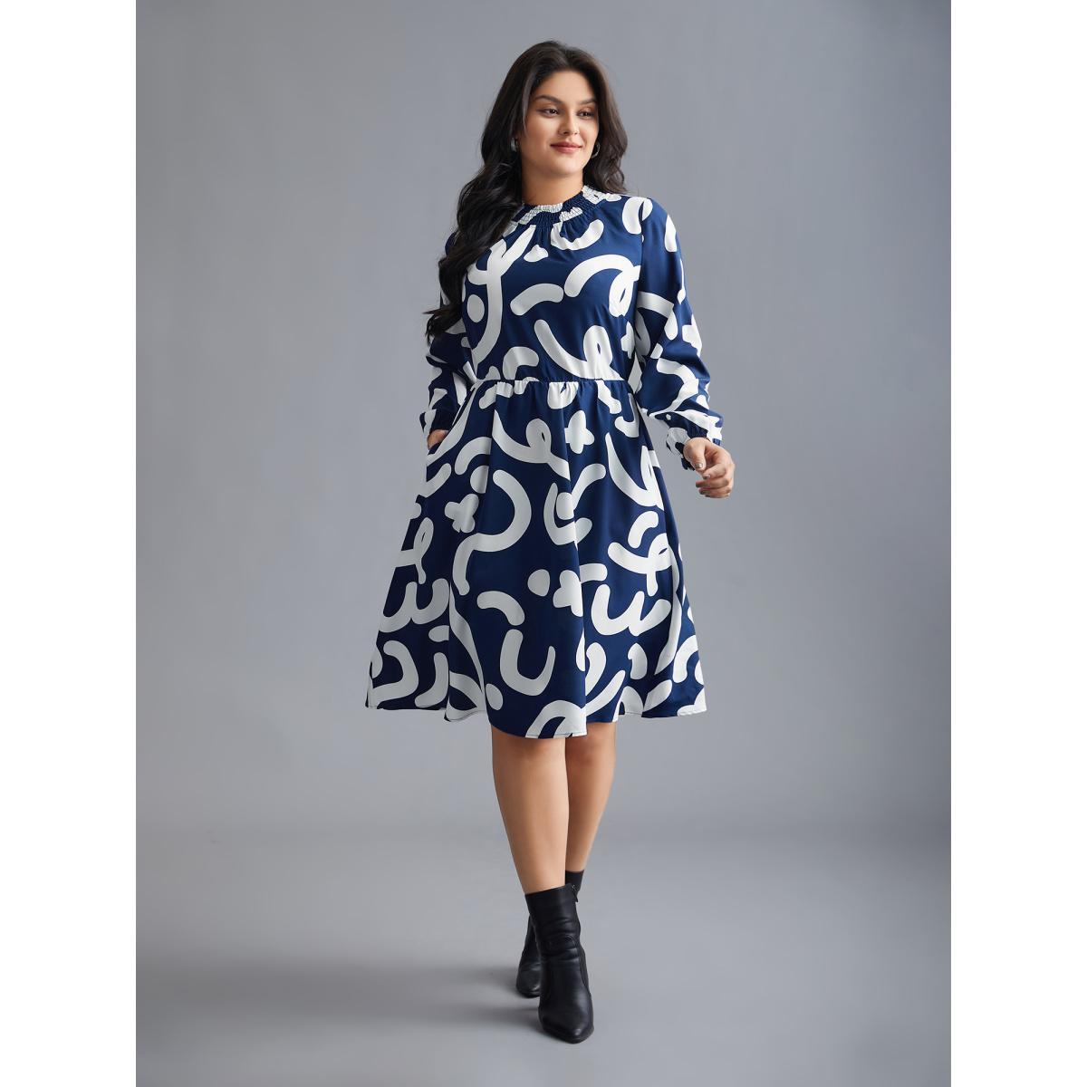Plus Size Geometric Print Shirred Pocket Dress DarkBlue Women Elegant Shirred Mock Neck Long Sleeve Curvy BloomChic 12/L Product Image