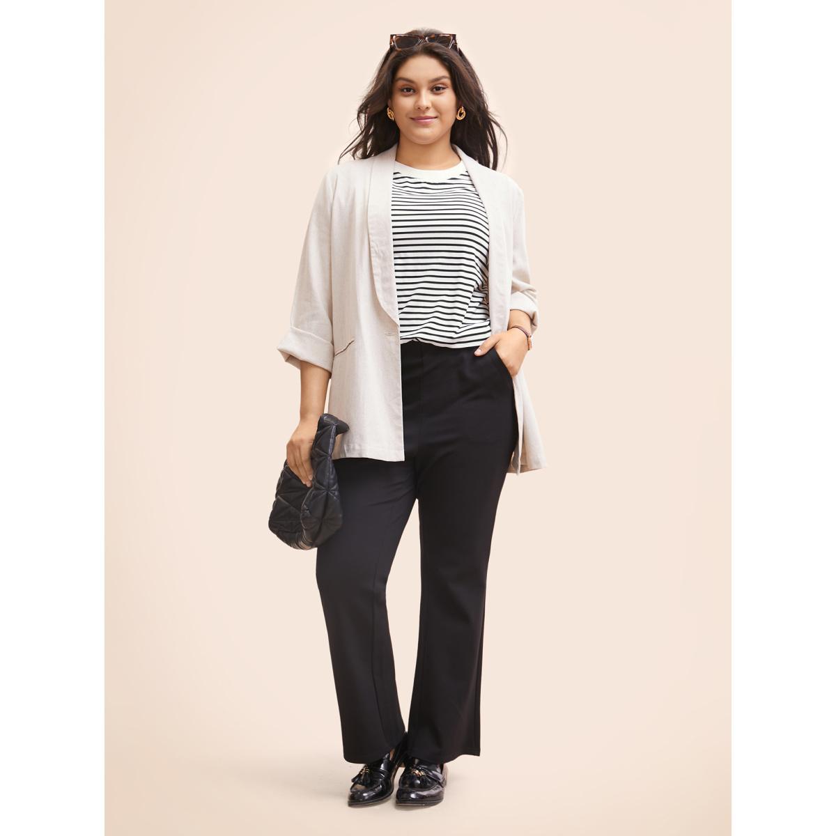 Plus Size Striped Crew Neck Rib Knit T-shirt Originalwhite Women Work From Home Contrast Round Neck Work T-shirts BloomChic 12/L Product Image