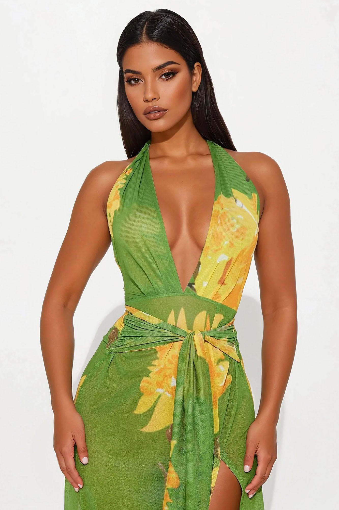 Macy Mesh Floral Maxi Dress - Green/combo Product Image