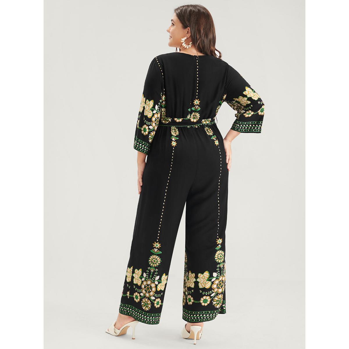 Plus Size Black Random Floral Print Elastic Waist Pocket Belted Wrap Jumpsuit Women Vacation Elbow-length sleeve V-neck Dailywear Loose Jumpsuits BloomChic 30/6X Product Image