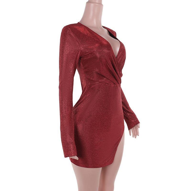 Long-Sleeve V-Neck Plunge Glitter Asymmetrical Mini Bodycon Dress Product Image