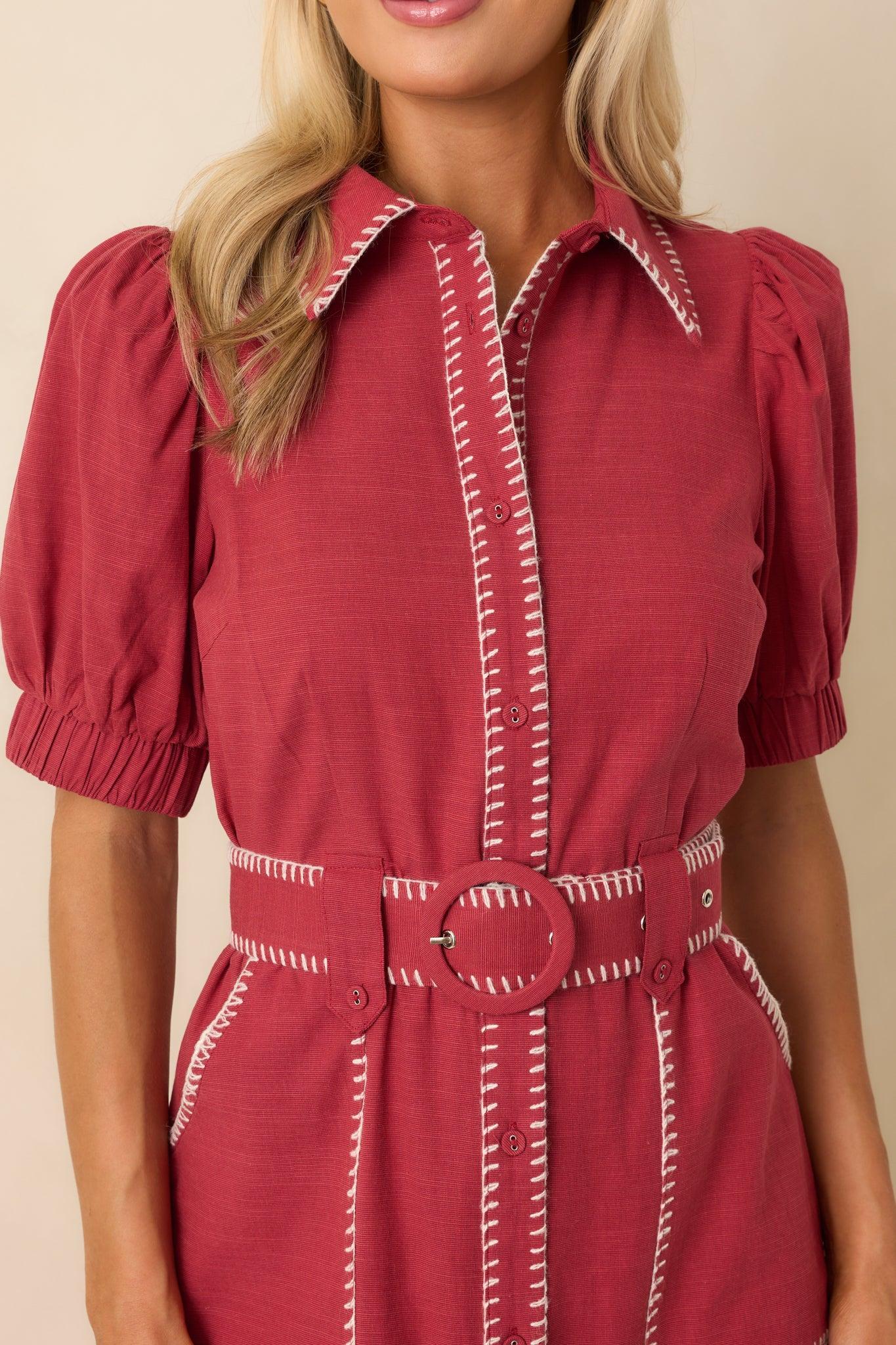 Heard It Before Burgundy Cotton Belted Mini Shirt Dress Product Image