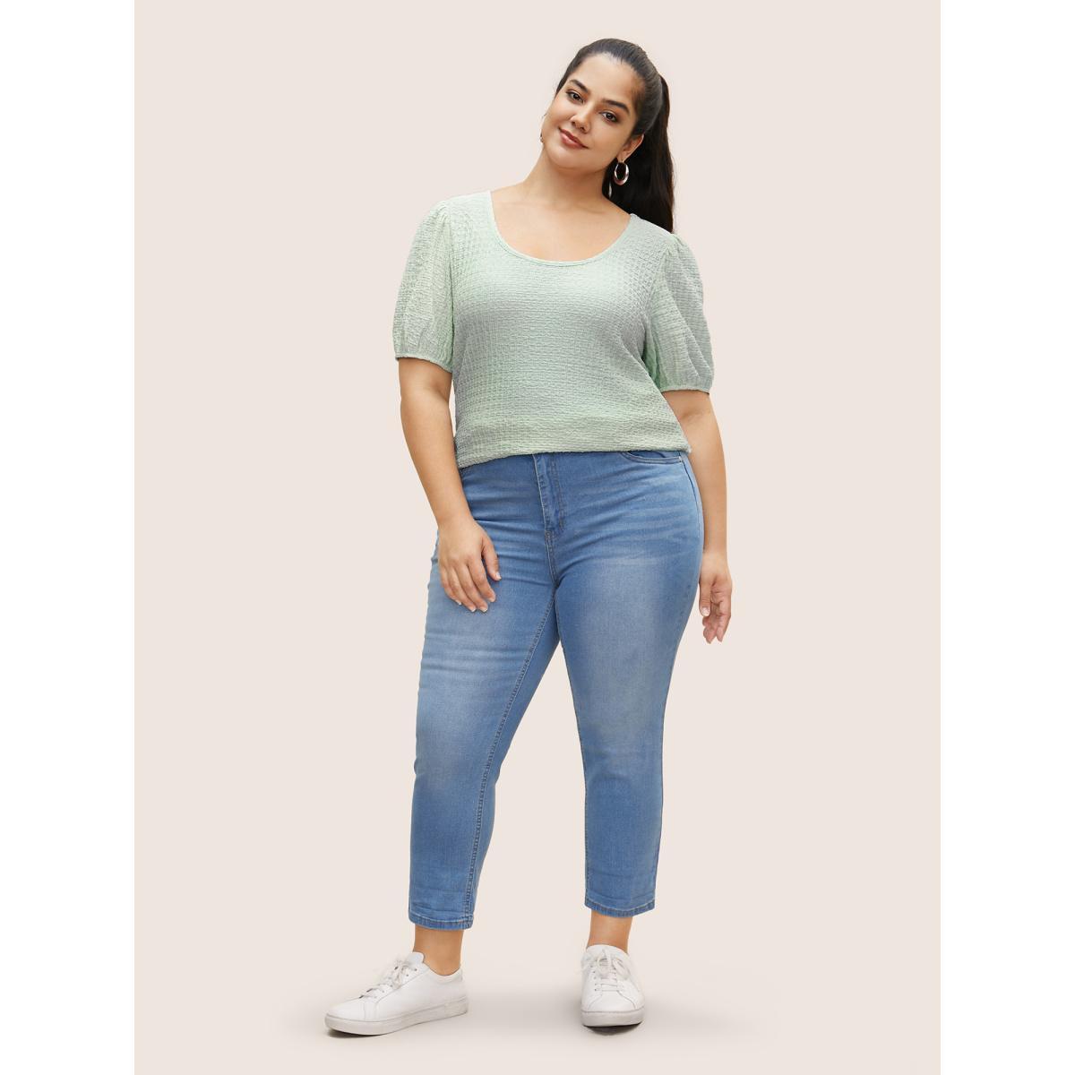 Plus Size U Neck Plain Textured Puff Sleeve T-shirt Palemauve Women Casual Texture U-neck Everyday T-shirts BloomChic 18-20/2X Product Image