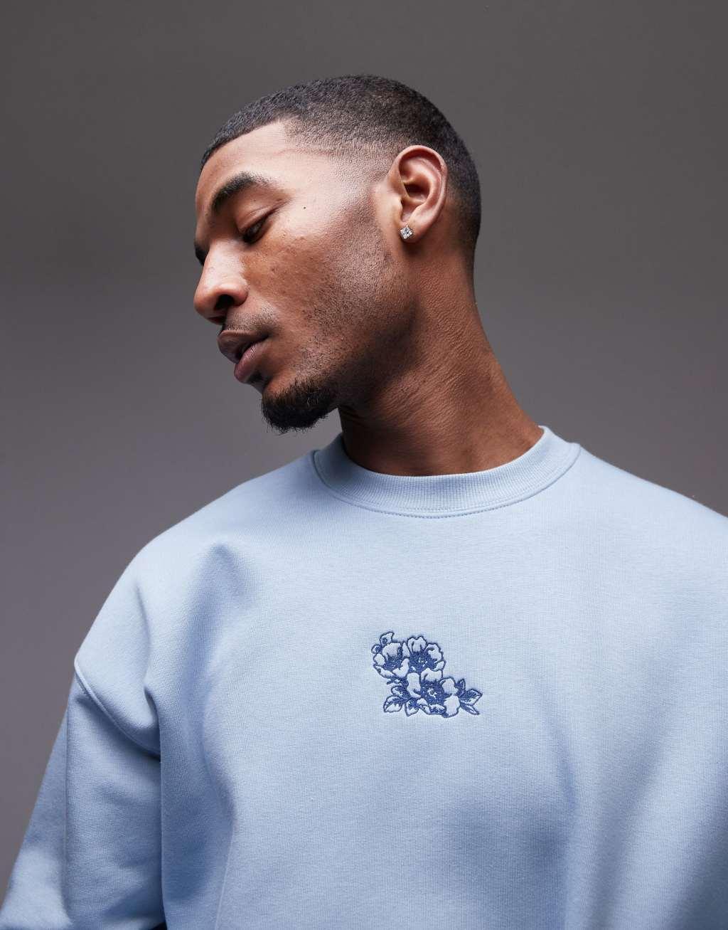 Topman oversized fit sweatshirt with floral embroidery in blue Product Image