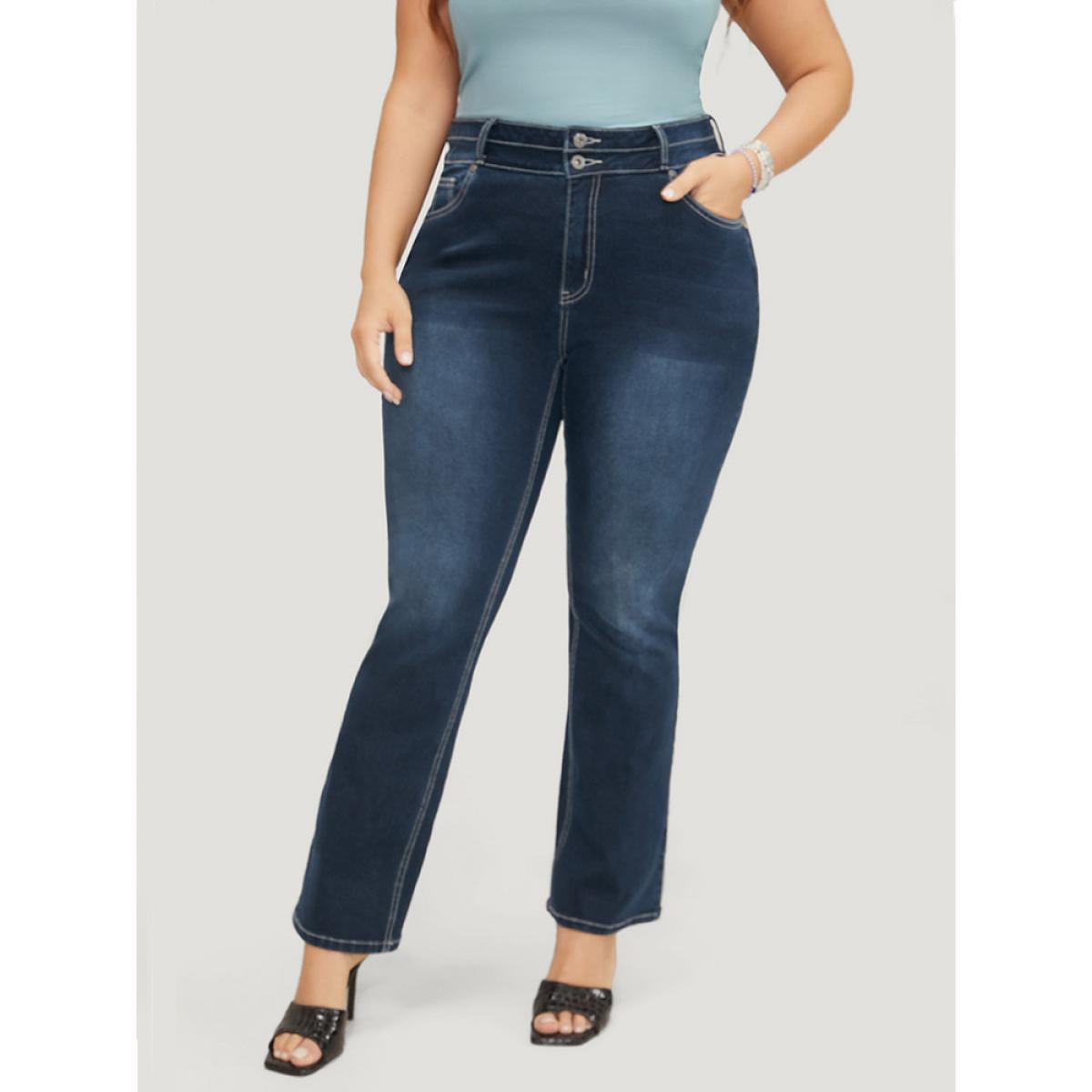 Plus Size Very Stretchy High Rise Dark Wash Contrast Stitching Jeans Women DarkBlue Casual Plain High stretch Pocket Jeans BloomChic 20/2X Product Image