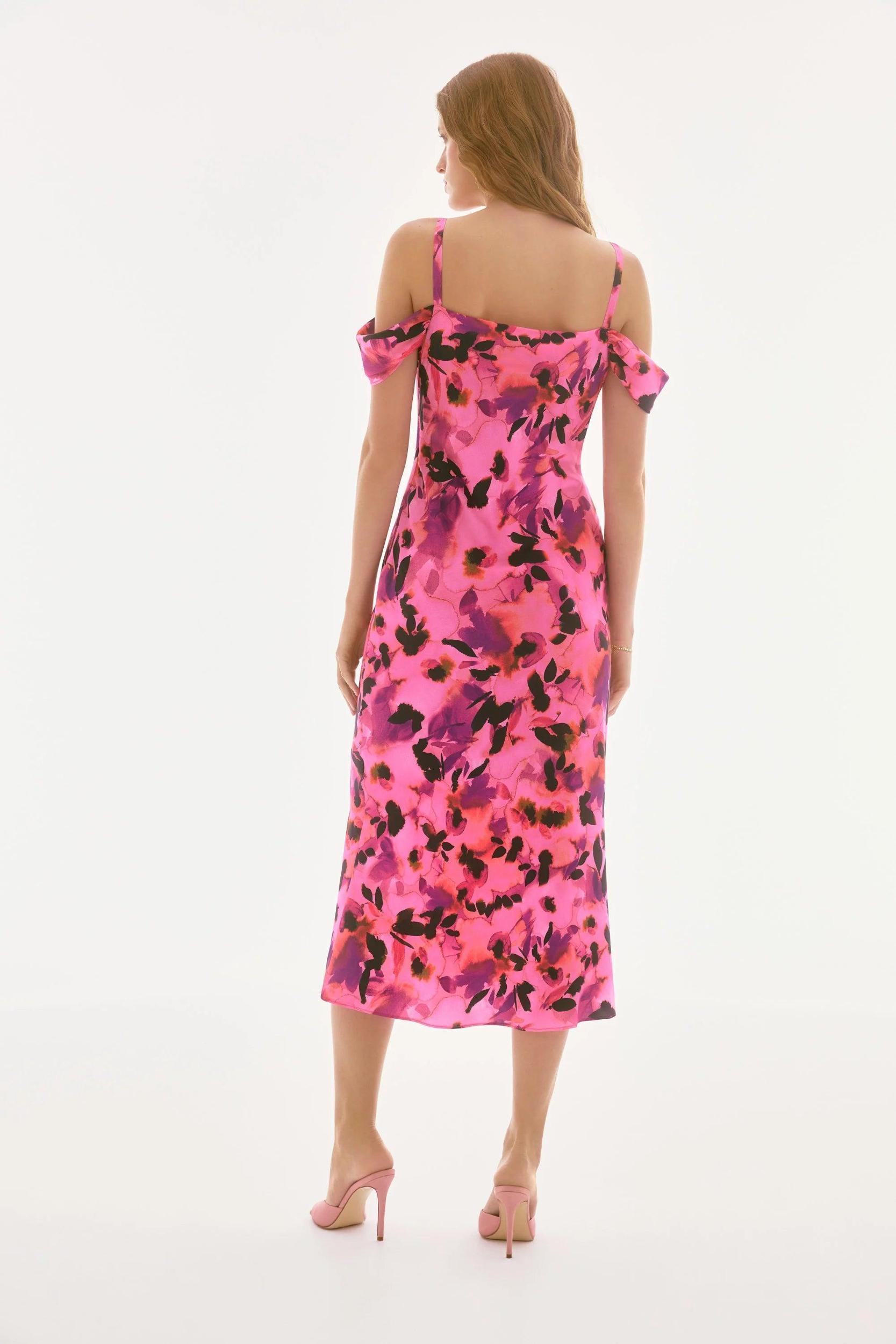 Satin Floral Sheath Dress with Cold Shoulder- Black/Multi Product Image