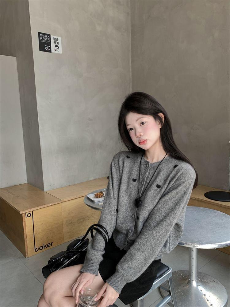 Crewneck Heart Pattern Button-Up Top Product Image