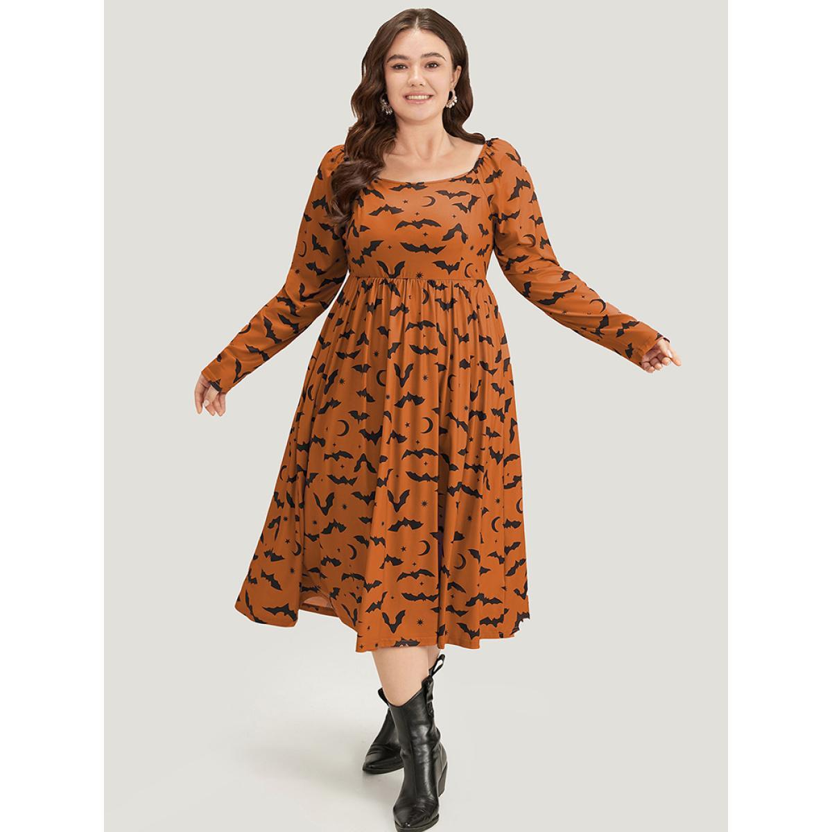 Plus Size Halloween Bat Print Pocket Square Neck Dress Rust Women Casual Gathered Square Neck Long Sleeve Curvy Midi Dress BloomChic 10/M Product Image