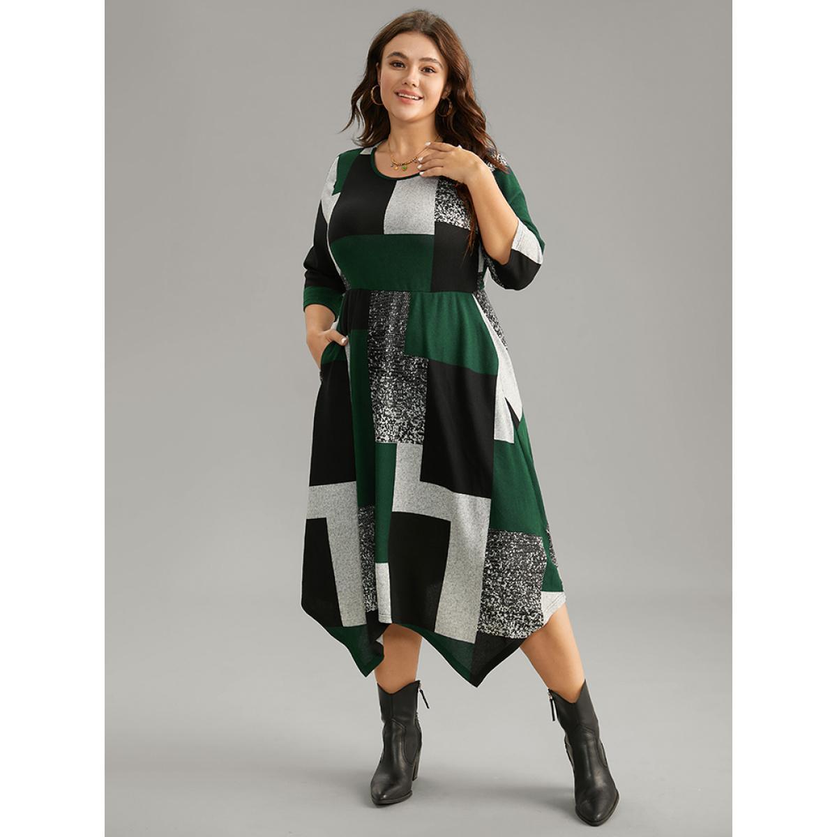 Plus Size Colorblock Contrast Round Neck Elastic Waist Dress Green Women Casual Printed Round Neck Elbow-length sleeve Curvy Midi Dress BloomChic 30/6X Product Image