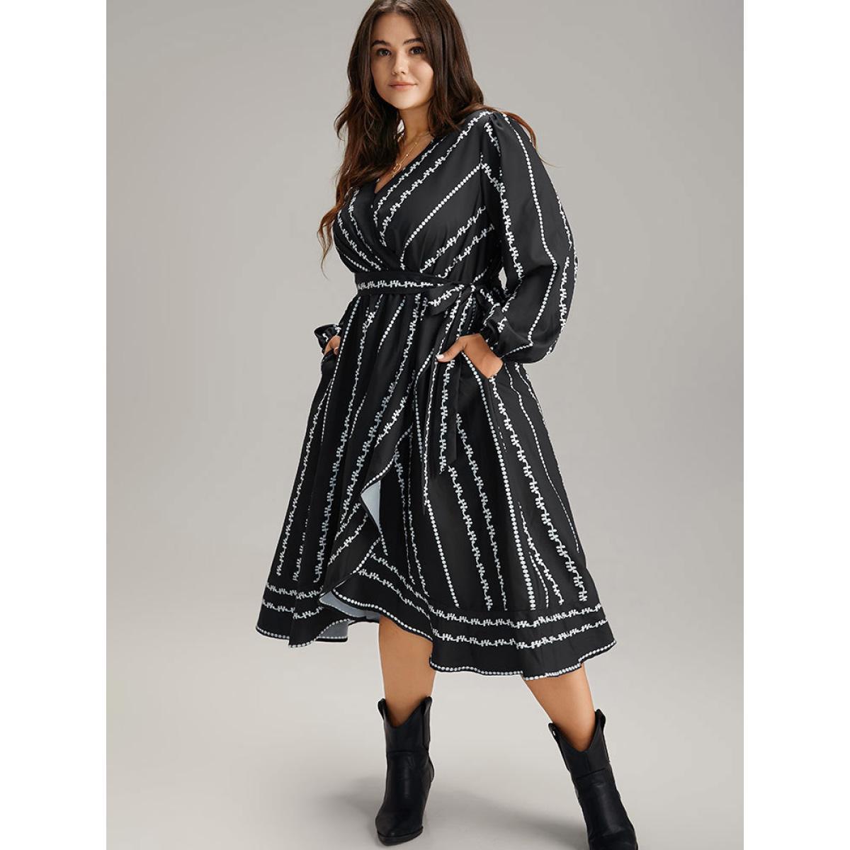Plus Size Boho Print Striped Belted Wrap Pocket Dress Black Women Vacation Belted V-neck Long Sleeve Curvy Midi Dress BloomChic 12/L Product Image
