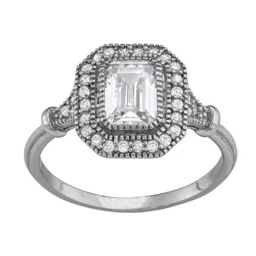 Contessa Di Capri Haloed Cubic Zirconia Emerald Cut Ring, Women's, Size: 7, Sterling Silver Product Image