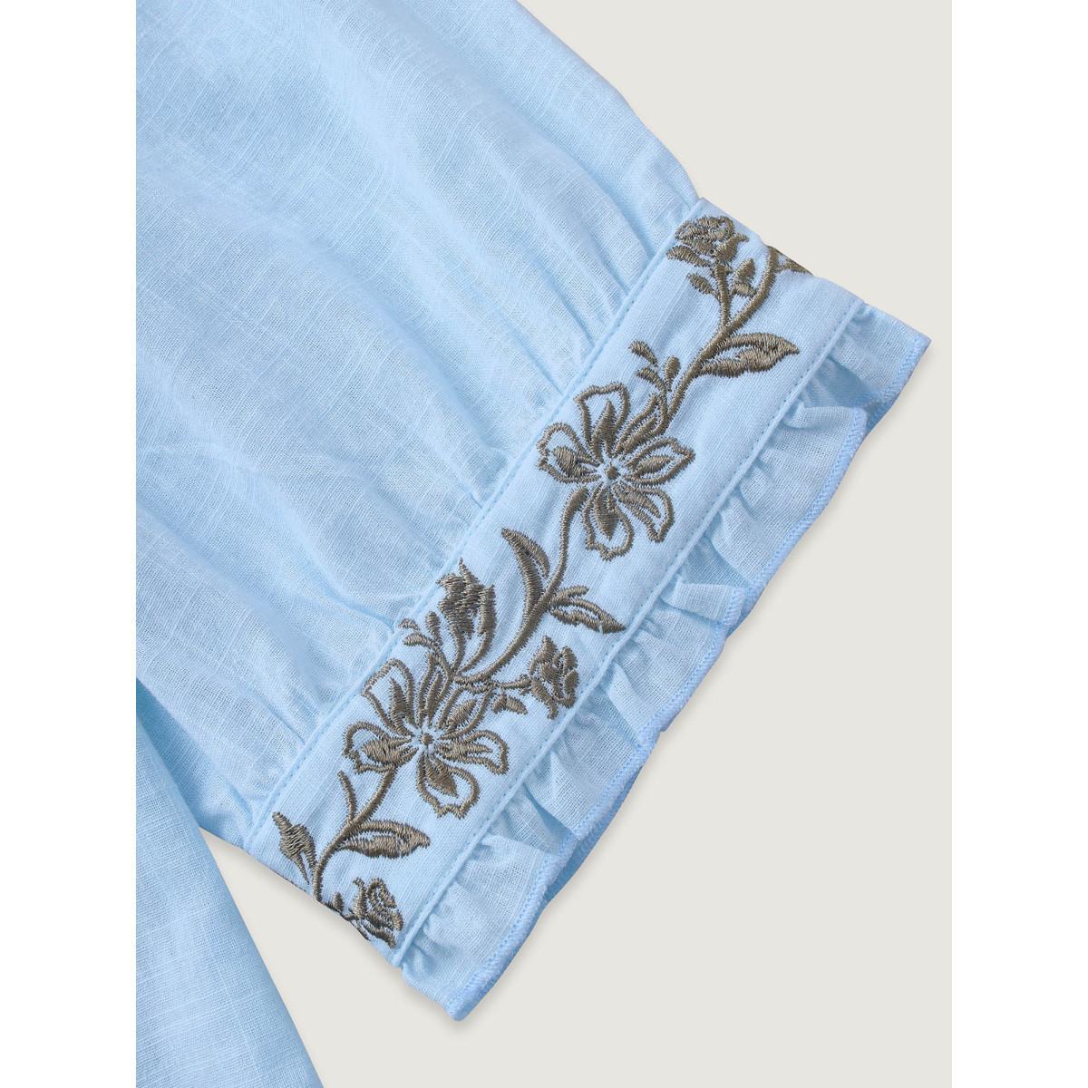 Plus Size LightBlue Cotton Floral Embroidered Notched Collar Frill Trim Blouse Women Casual Elbow-length sleeve Stand-up collar Everyday Blouses BloomChic 22-24/3X Product Image