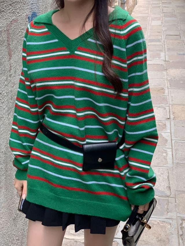 V-Neck Collared Striped Sweater Product Image