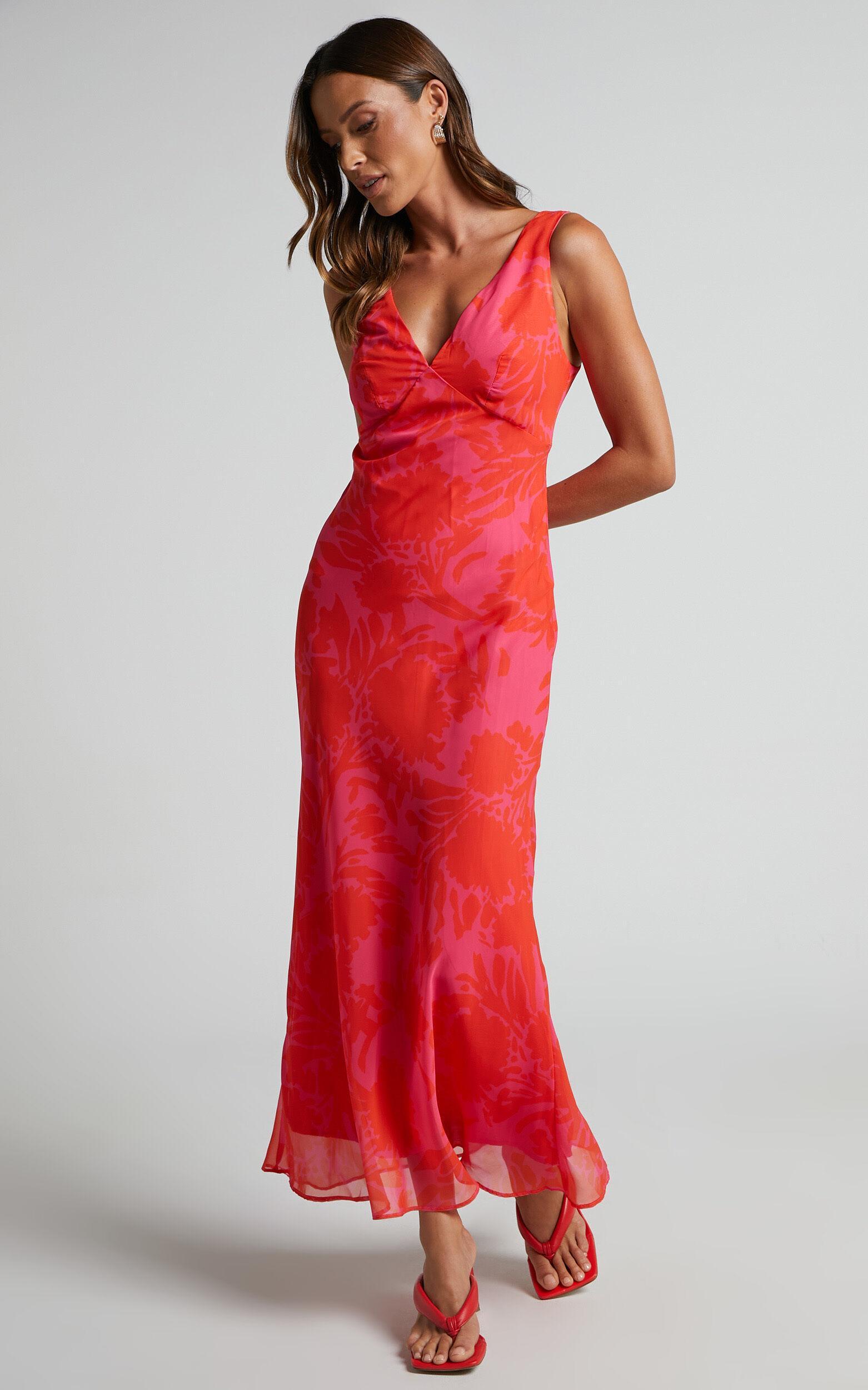 Jodie Midi Dress - V Neck Slip Dress in Pink Floral Product Image