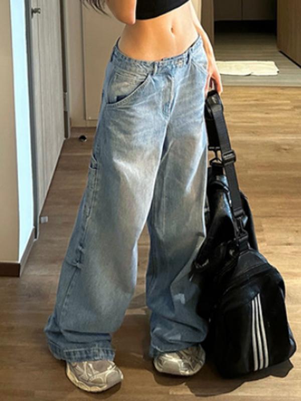 Washed Big Pocket Patchwork Loose Boyfriend Jeans Product Image