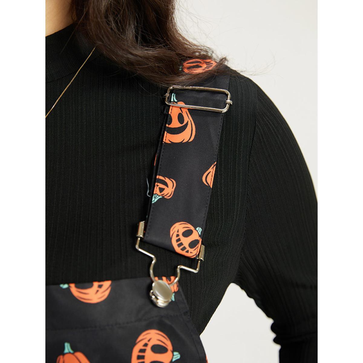 Plus Size Halloween Pocket Pumpkin Print Overall Cami Dress DarkGreen Women Casual Adjustable Straps Spaghetti Strap Sleeveless Curvy Midi Dress BloomChic 18-20/2X Product Image