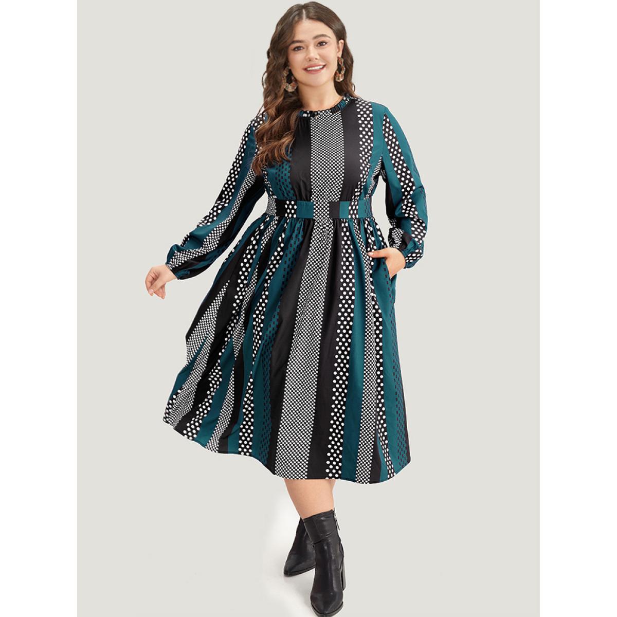 Plus Size Polka Dot Patchwork Striped Pleated Lantern Sleeve Dress Aegean Women At the Office Elastic cuffs Round Neck Long Sleeve Curvy Midi Dress BloomChic 28/5X Product Image