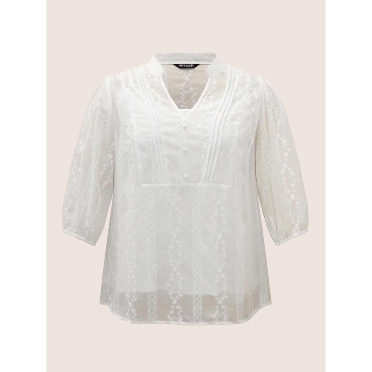 Plus Size Originalwhite Texture Mesh Button Detail Tucked Seam Blouse Women Elegant Elbow-length sleeve V-neck Everyday Blouses BloomChic 12/L Product Image