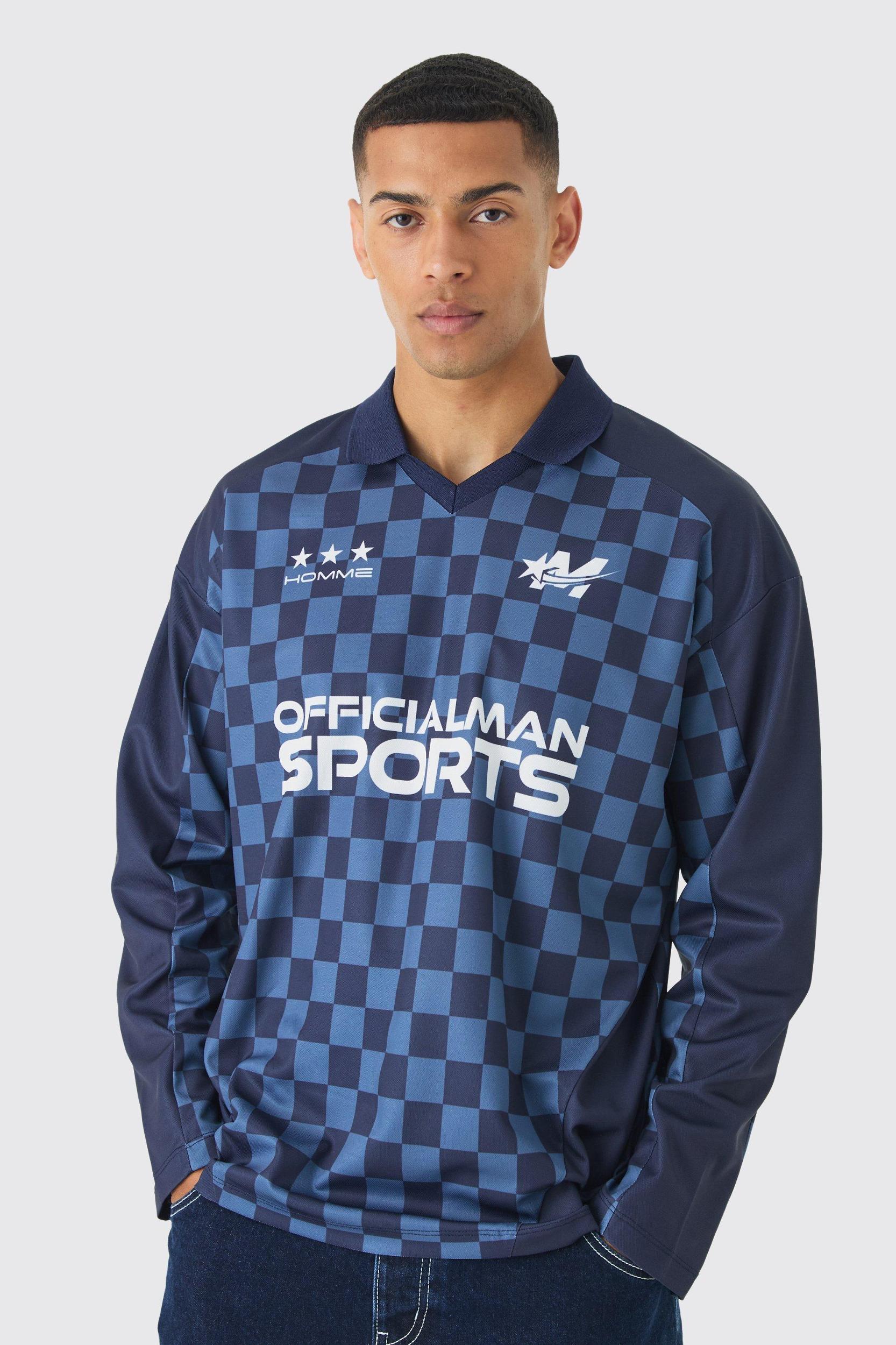 Mens Blue Oversized Official Checkerboard Long Sleeve Football Top, Blue Product Image