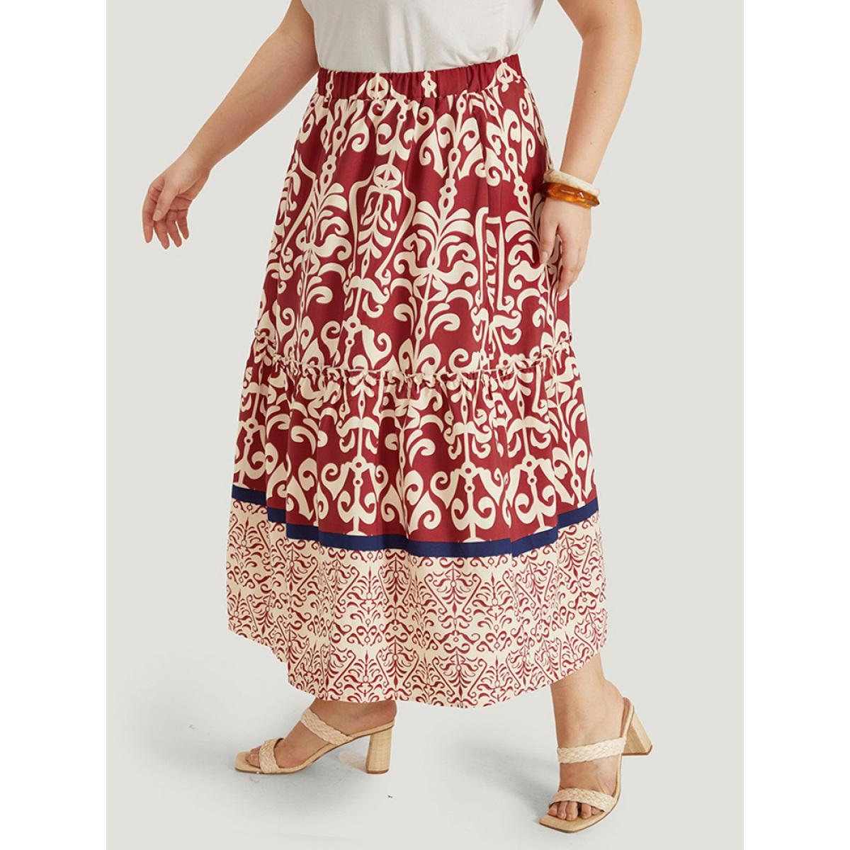Plus Size Bandana Print Elastic Waist Pocket Skirt Women Scarlet Vacation Frill Trim No stretch Pocket Dailywear Skirts BloomChic 18-20/2X Product Image