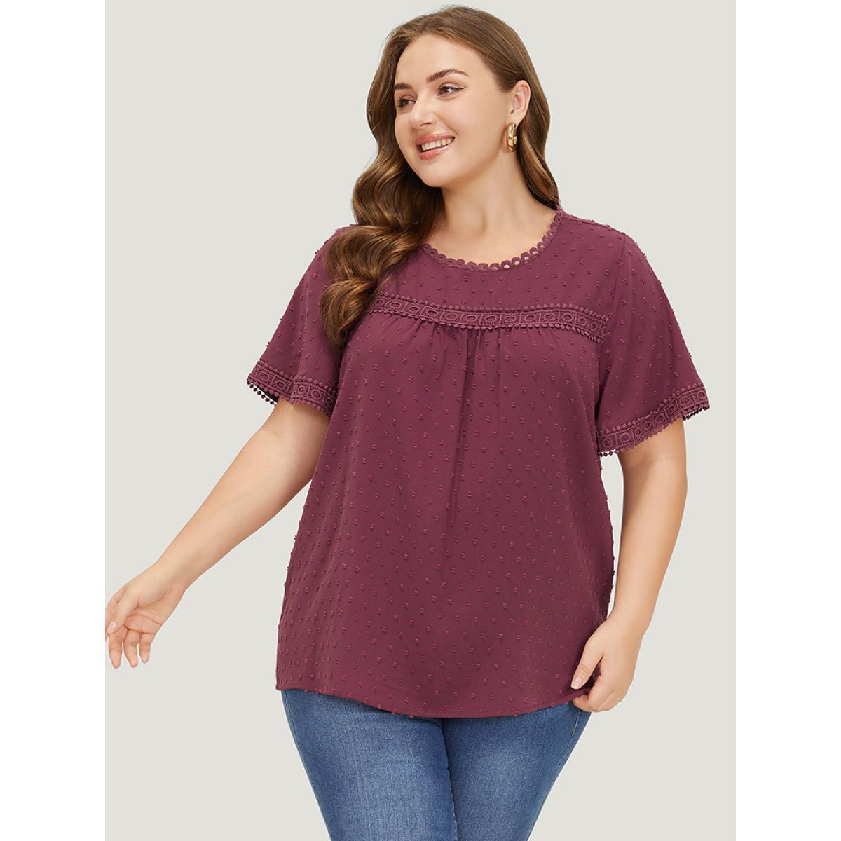 Plus Size RedViolet Polka Dot Gathered Lace Blouse Women Elegant Short sleeve Round Neck Dailywear Blouses BloomChic 26/4X Product Image