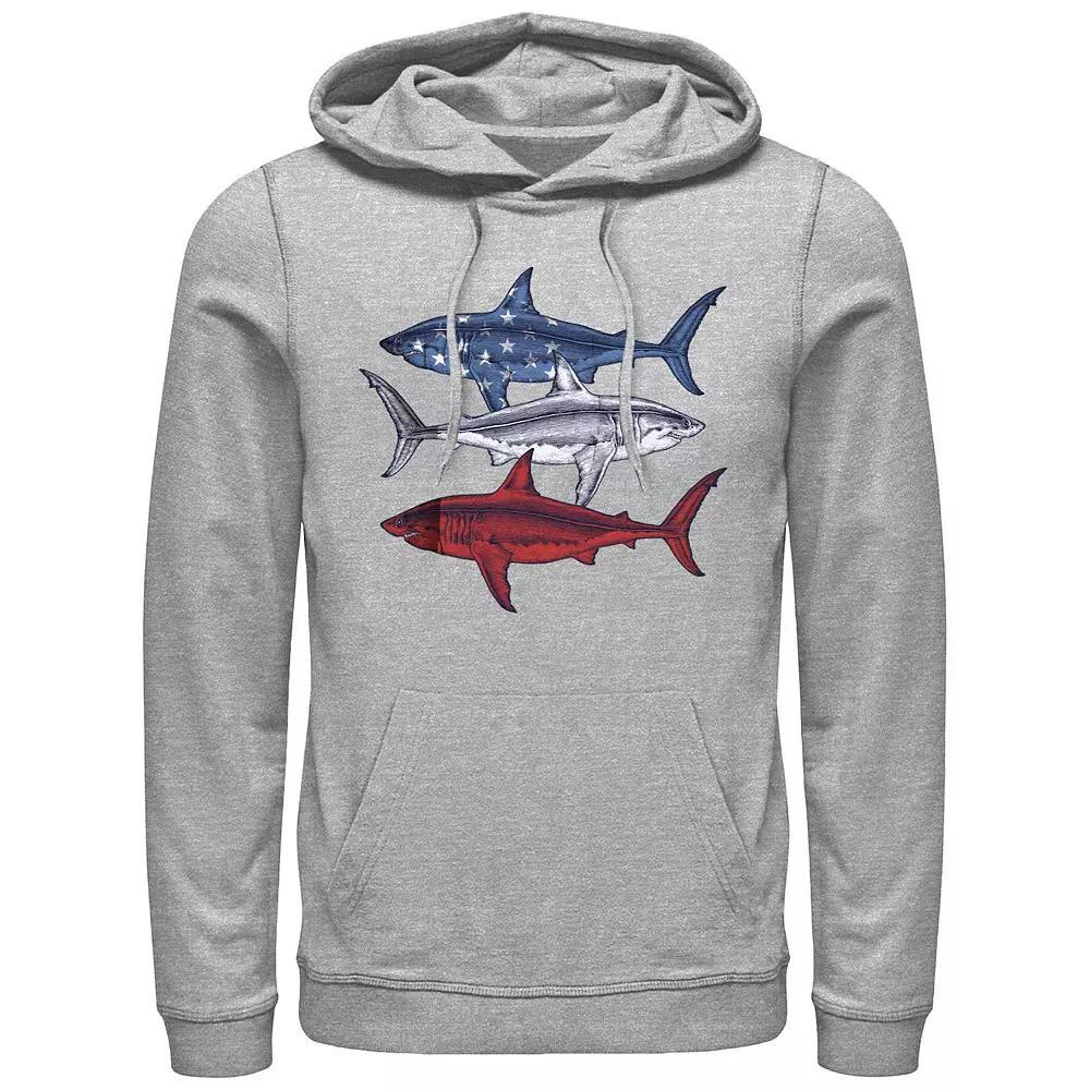 Men's Red White And Blue Sharks Graphic Hoodie, Size: Small, Athletic Grey Product Image