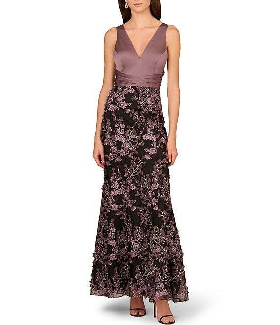 Aidan Mattox Satin Crepe V-Neck Sleeveless 3D Embroidered Pleated Bodice Column Dress Product Image