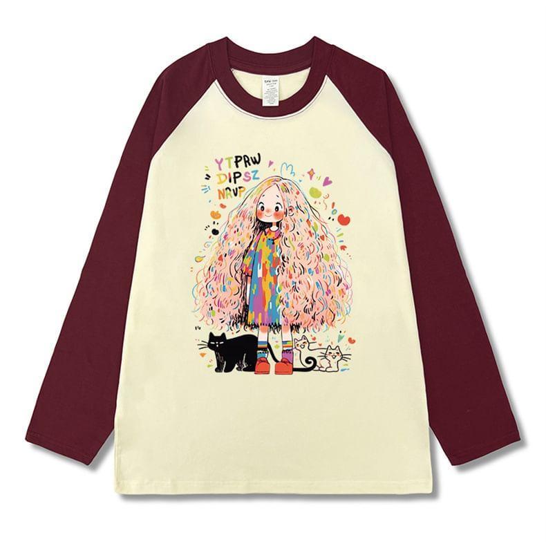Long-Sleeve Crewneck Raglan Print Tee Product Image