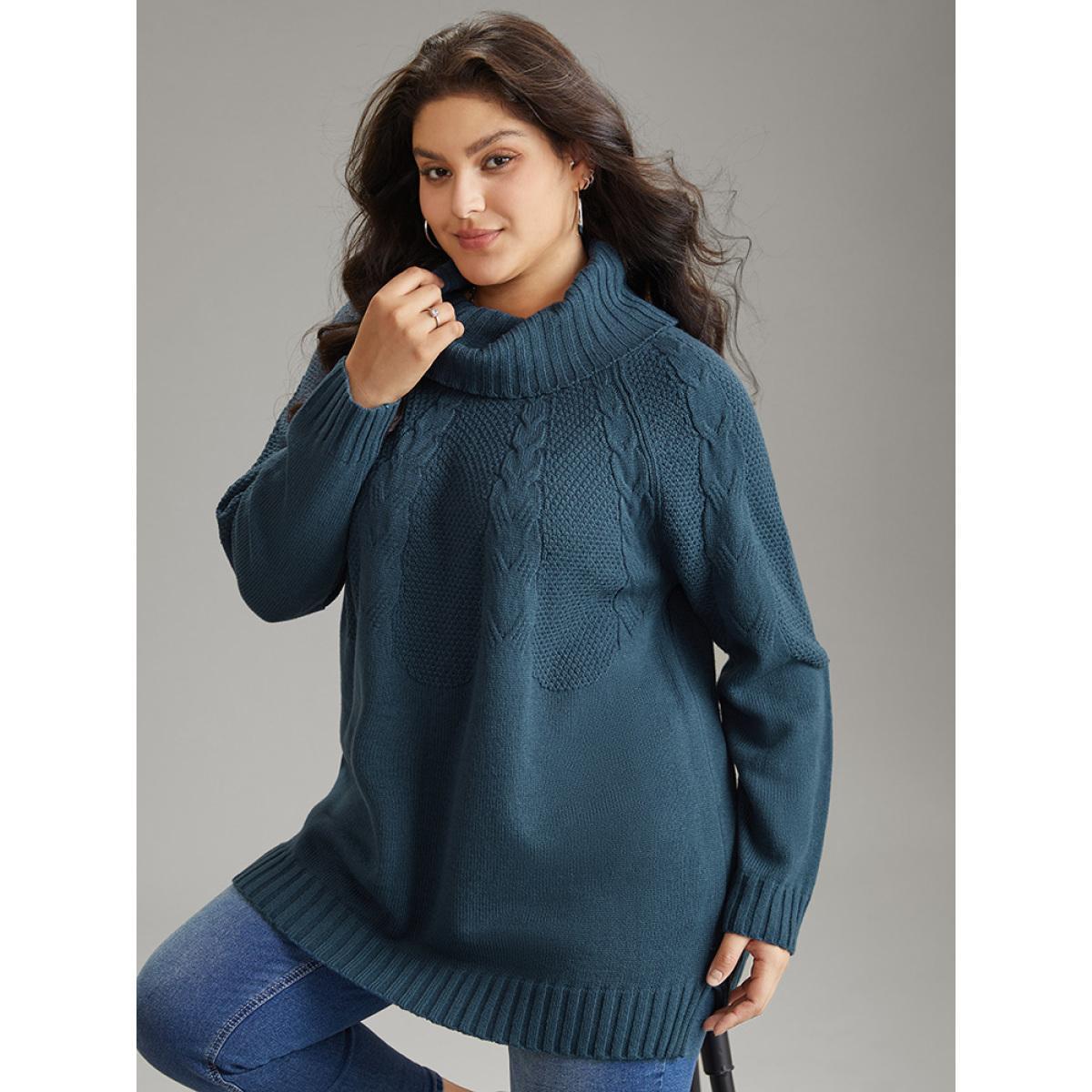 Plus Size Solid Turtle Neck Cable Knit Pullover Cyan Women Casual Loose Long Sleeve Turtleneck Dailywear Pullovers BloomChic 12/L Product Image