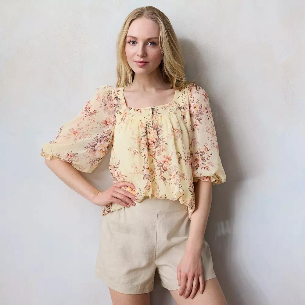 Womens LC Lauren Conrad Henley Puff Sleeve Peasant Top Product Image