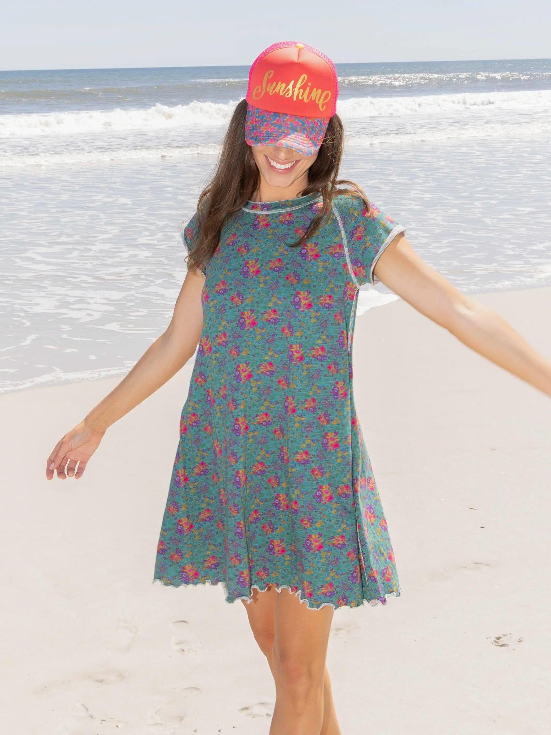 Lily Knit Cotton Tee Dress - Turquoise Floral Medallions Product Image