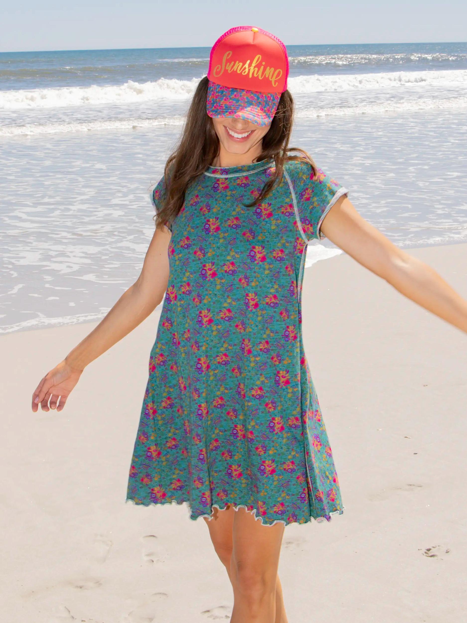 Lily Knit Cotton Tee Dress - Turquoise Floral Medallions Product Image