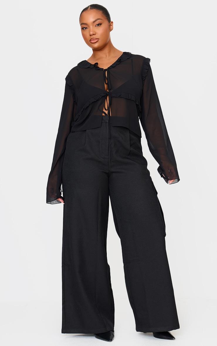 Plus Black Chiffon Ruffle Fitted Tie Front Blouse Product Image