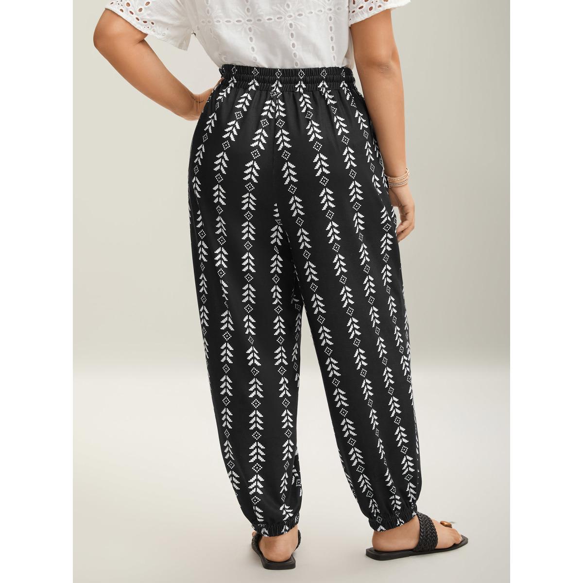 Plus Size Boho Geometric Print Stretchy Waist Pants Women Burgundy Casual Mid Rise Everyday Pants BloomChic 10/M Product Image