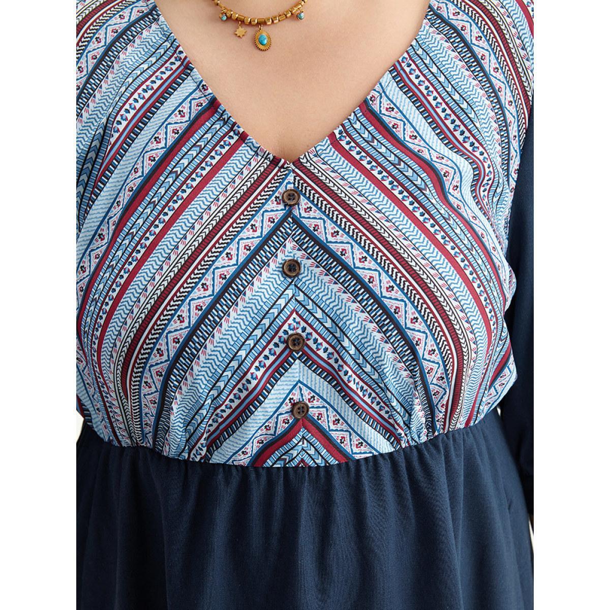 Plus Size Boho Print Striped Patchwork Lantern Sleeve Dress Indigo Women Vacation Printed V-neck Elbow-length sleeve Curvy Midi Dress BloomChic 18-20/2X Product Image
